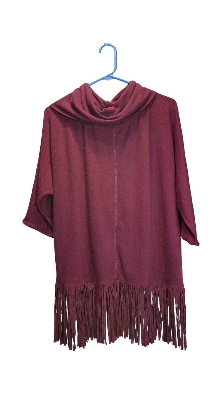 Terre Bleue Burgundy Cowl Neck Fringe Poncho Top Dolman Sleeve Sweater M